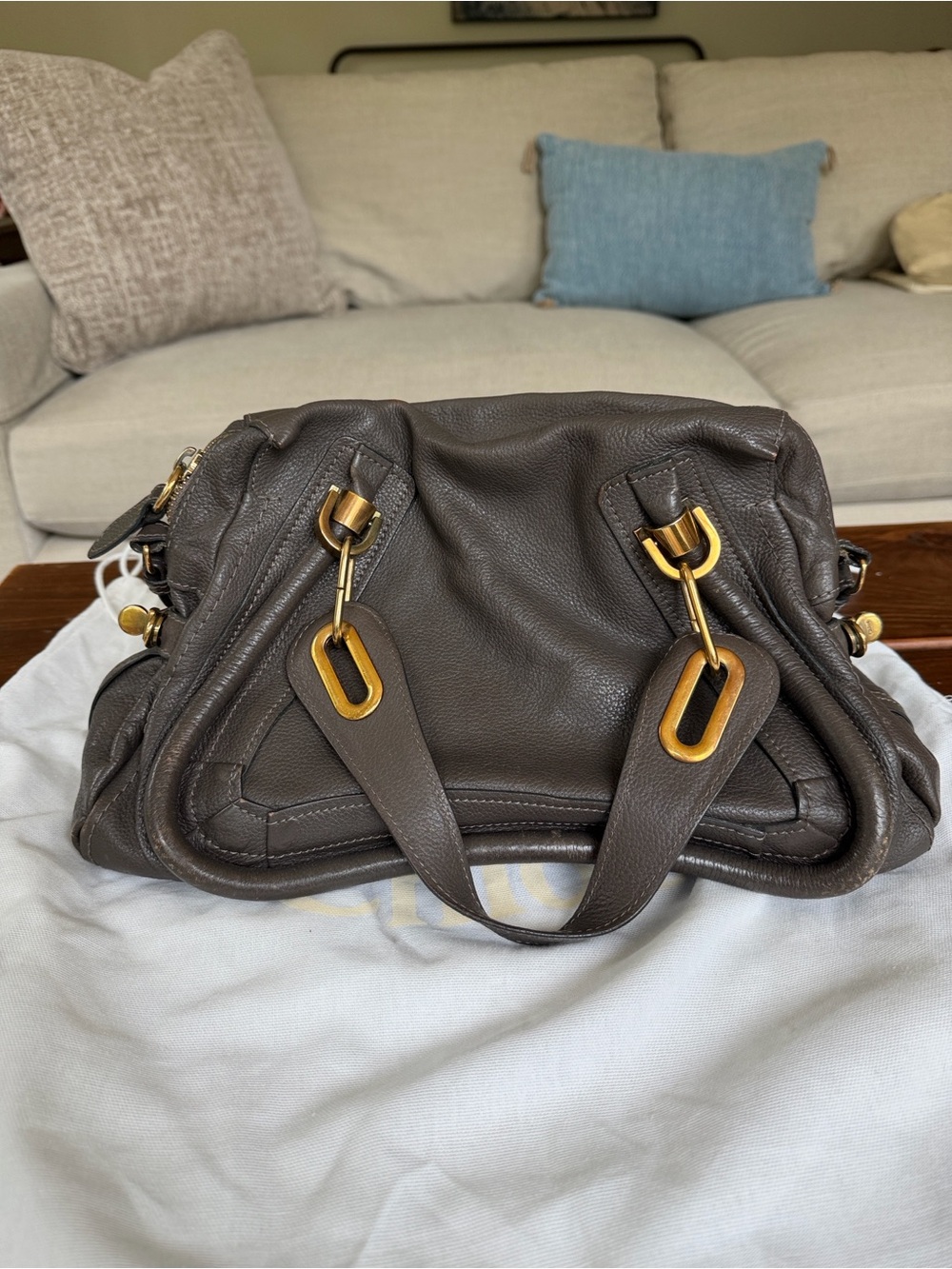 Chloé Paraty Medium Leather Satchel Shoulder Bag Grey/Brown Gold Hardware - Picture 3 of 9